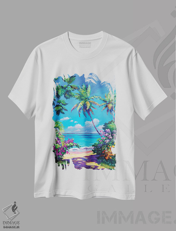 تیشرت طرح دار چشم انداز دریا با درخت نان، دکور ساحلی اثر جان کلارک | immage.ir