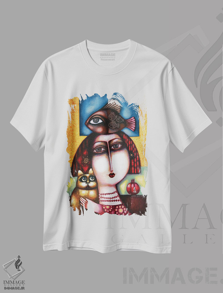 تیشرت طرح دار زن، گربه، ماهی و انار، مدیوم اثر آرت میرانو | immage.ir