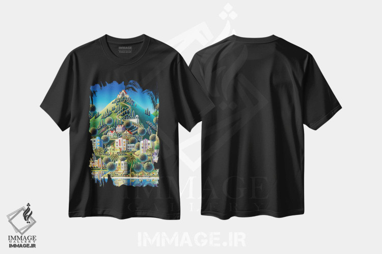 تیشرت طرح دار بازگشت به دهکدهٔ پنهان، هنر فاخر معاصر اثر اندی راسل | فروشگاه ایماژ