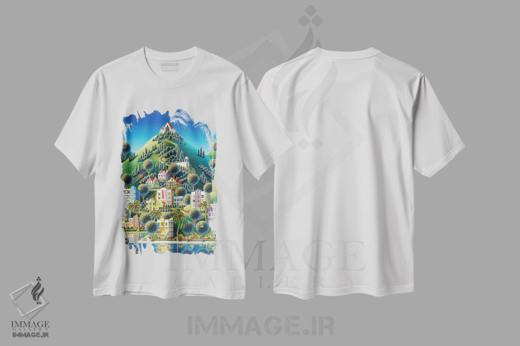 تیشرت طرح دار بازگشت به دهکدهٔ پنهان، هنر فاخر معاصر اثر اندی راسل | immage.ir