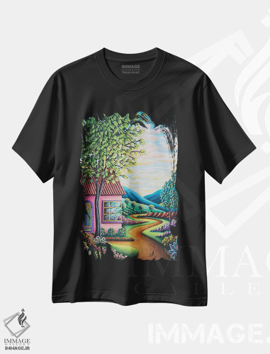تیشرت طرح دار خانهٔ صورتی، هنر فاخر معاصر اثر اندی راسل | فروشگاه ایماژ