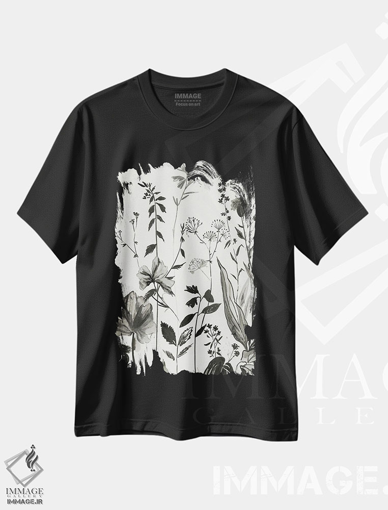 تیشرت طرح دار گیاهان سیاه I، هنر تزئینی سیاه و سفید اثر آسیا جنسن | فروشگاه ایماژ
