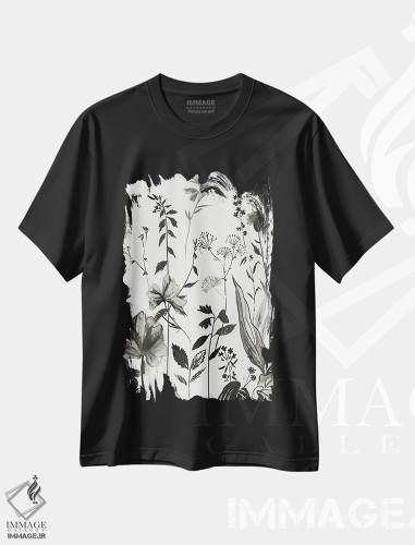 تیشرت طرح دار گیاهان سیاه I، هنر تزئینی سیاه و سفید اثر آسیا جنسن | فروشگاه ایماژ
