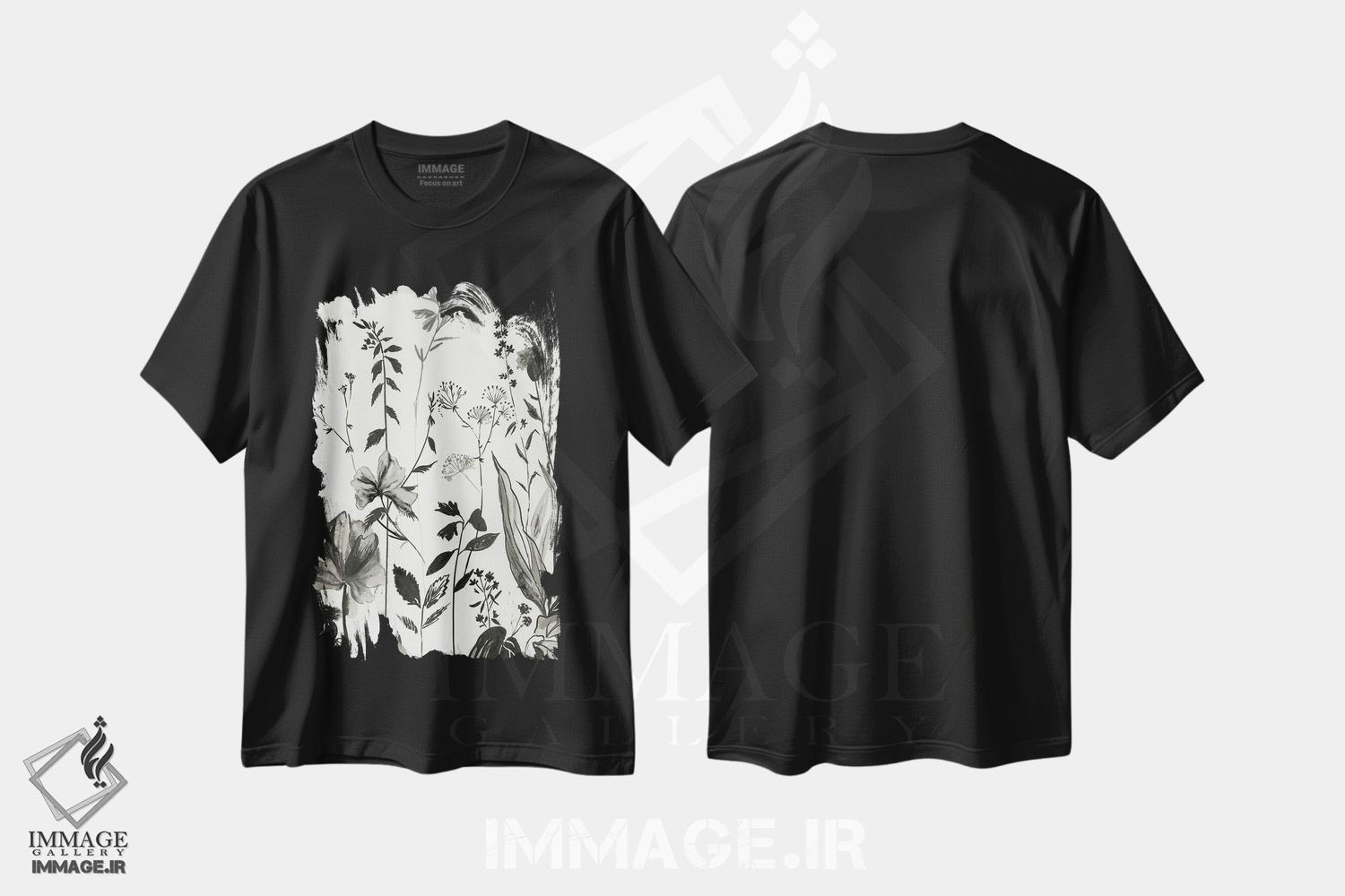 تیشرت طرح دار گیاهان سیاه I، هنر تزئینی سیاه و سفید اثر آسیا جنسن | فروشگاه ایماژ