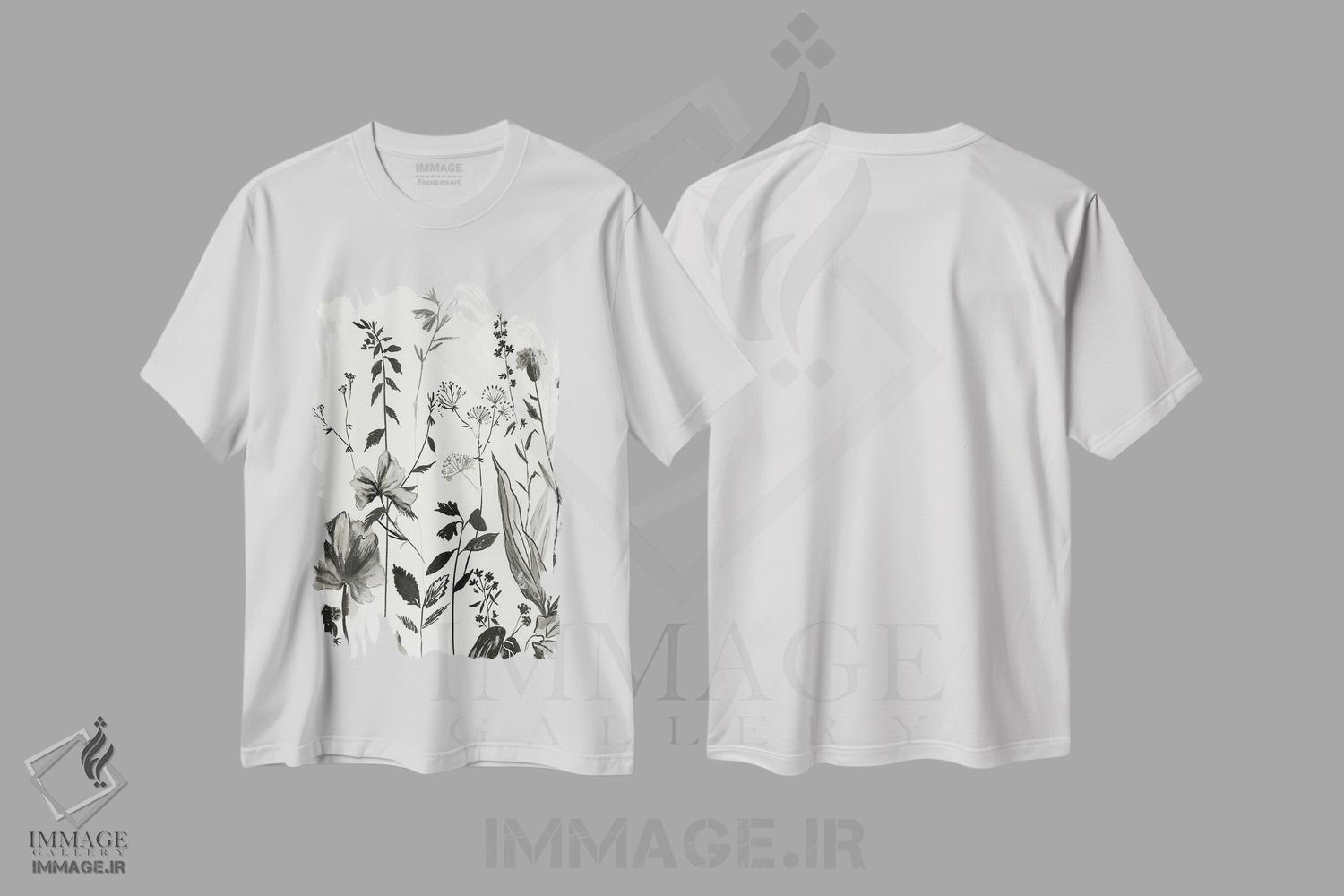 تیشرت طرح دار گیاهان سیاه I، هنر تزئینی سیاه و سفید اثر آسیا جنسن | immage.ir