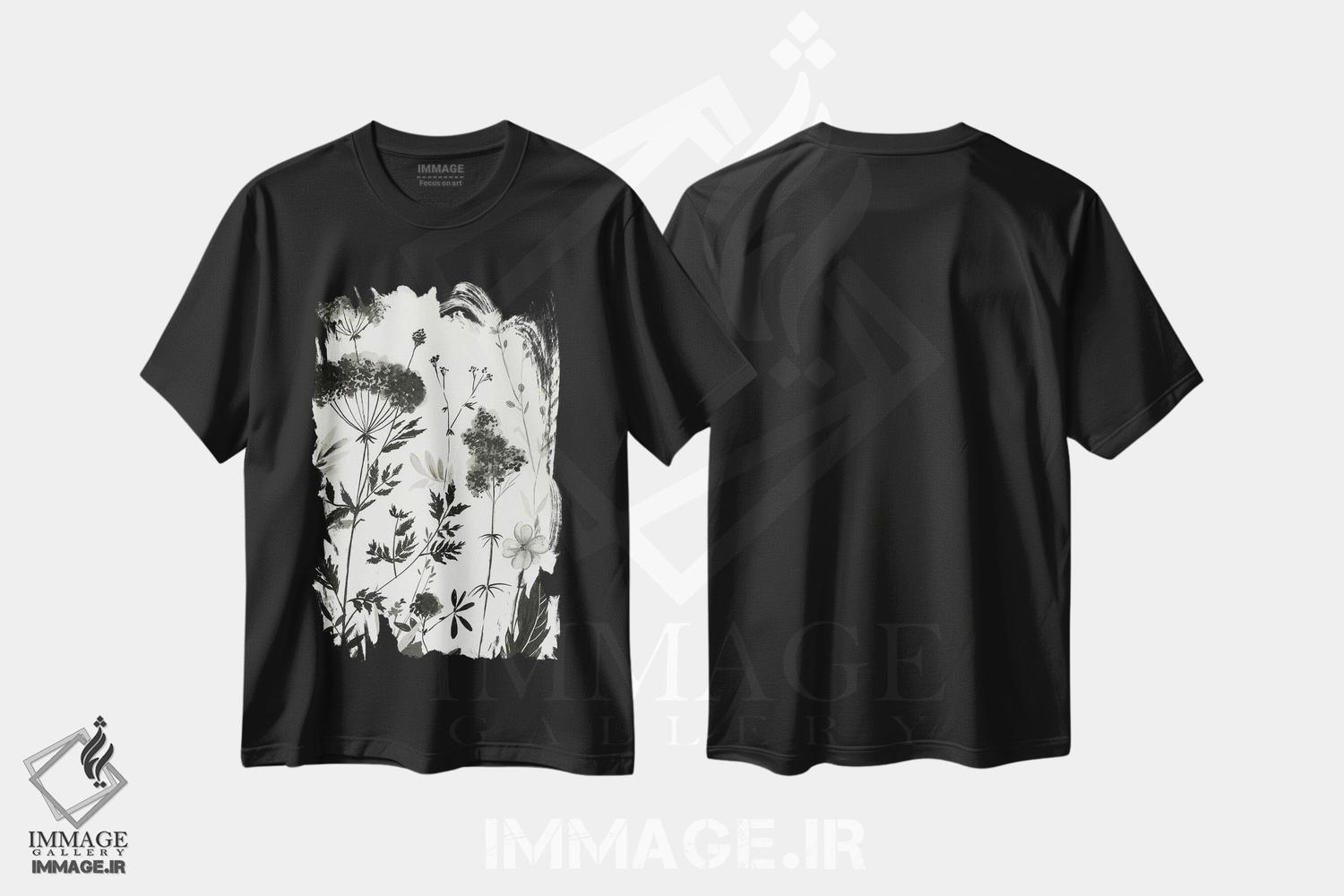 تیشرت طرح دار گیاهان سیاه II، هنر تزئینی سیاه و سفید اثر آسیا جنسن | فروشگاه ایماژ