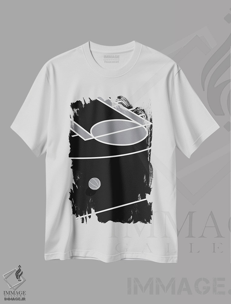 تیشرت طرح دار زمین بسکتبال مشکی، هنر تزئینی سیاه و سفید اثر آوی سیکس | immage.ir