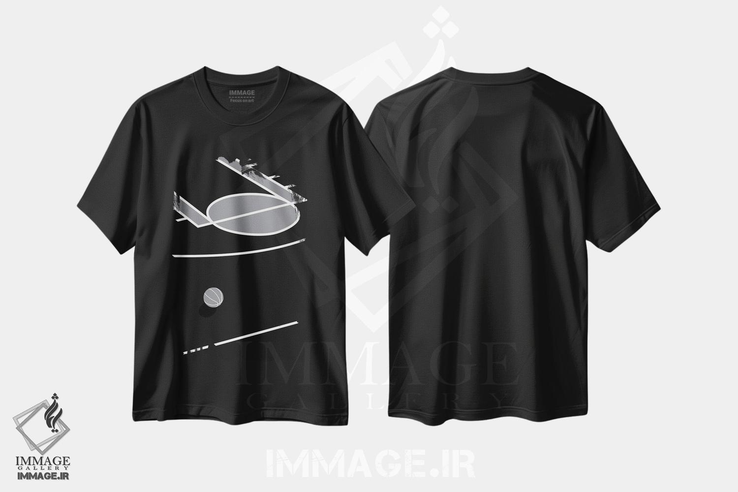تیشرت طرح دار زمین بسکتبال مشکی، هنر تزئینی سیاه و سفید اثر آوی سیکس | فروشگاه ایماژ