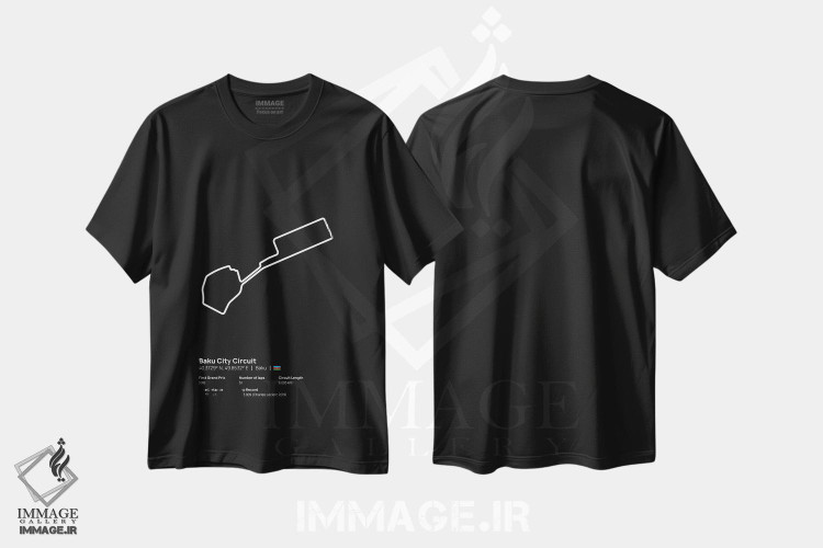تیشرت طرح دار فرمول یک - پیست شهر باکو، هنر دیجیتال سیاه و سفید اثر آوی سیکس | فروشگاه ایماژ