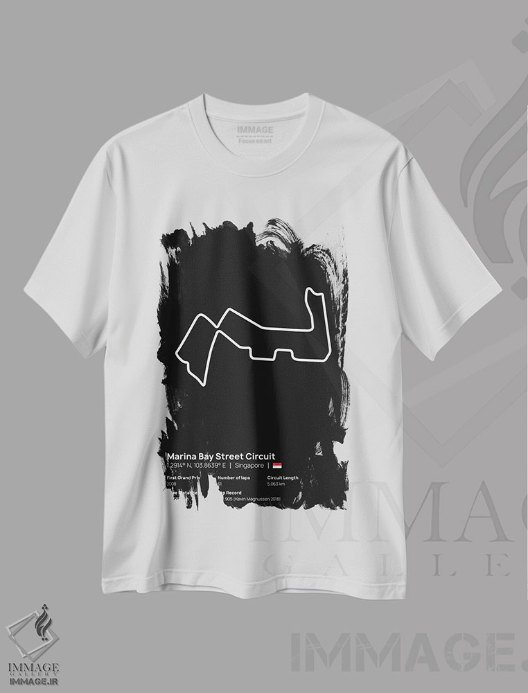 تیشرت طرح دار فرمول یک - پیست خیابانی مارینا بی، هنر دیجیتال سیاه و سفید اثر آوی سیکس | immage.ir