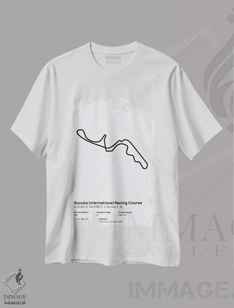تیشرت طرح دار فرمول یک - پیست بین المللی سوزوکا، هنر دیجیتال سیاه و سفید اثر آوی سیکس | immage.ir