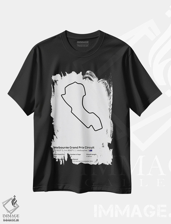 تیشرت طرح دار فرمول یک - پیست جایزه بزرگ ملبورن، هنر دیجیتال سیاه و سفید اثر آوی سیکس | فروشگاه ایماژ