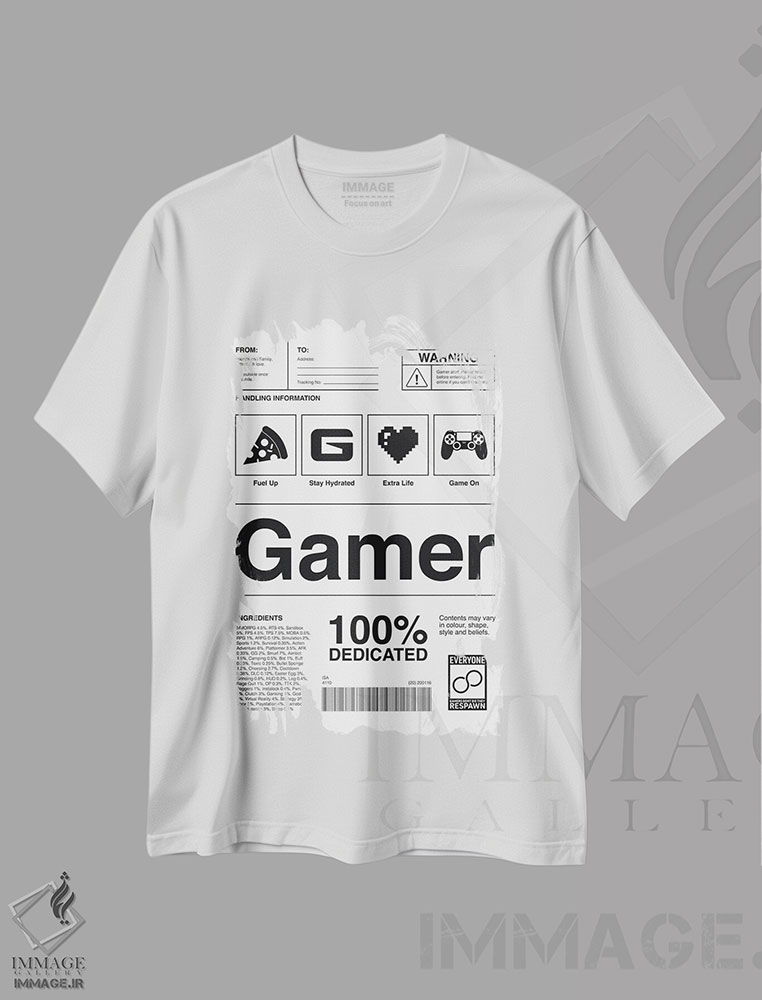 تیشرت طرح دار برچسب گیمر سفید، هنر دیجیتال سیاه و سفید اثر آوی سیکس | immage.ir