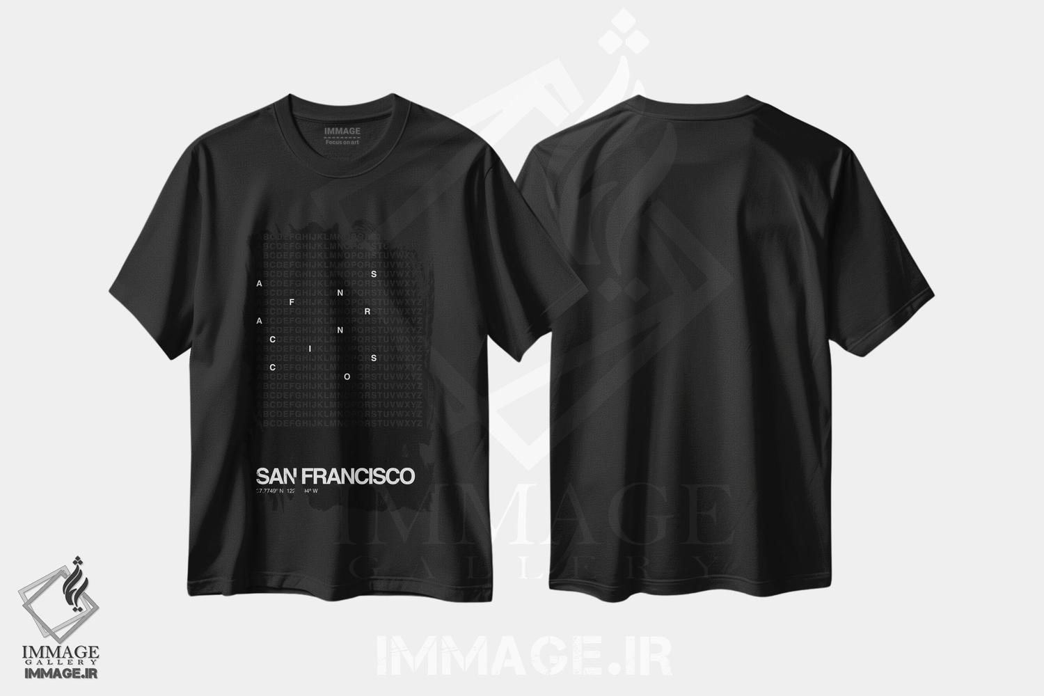تیشرت طرح دار سان فرانسیسکو، هنر تزئینی سیاه و سفید اثر آوی سیکس | فروشگاه ایماژ