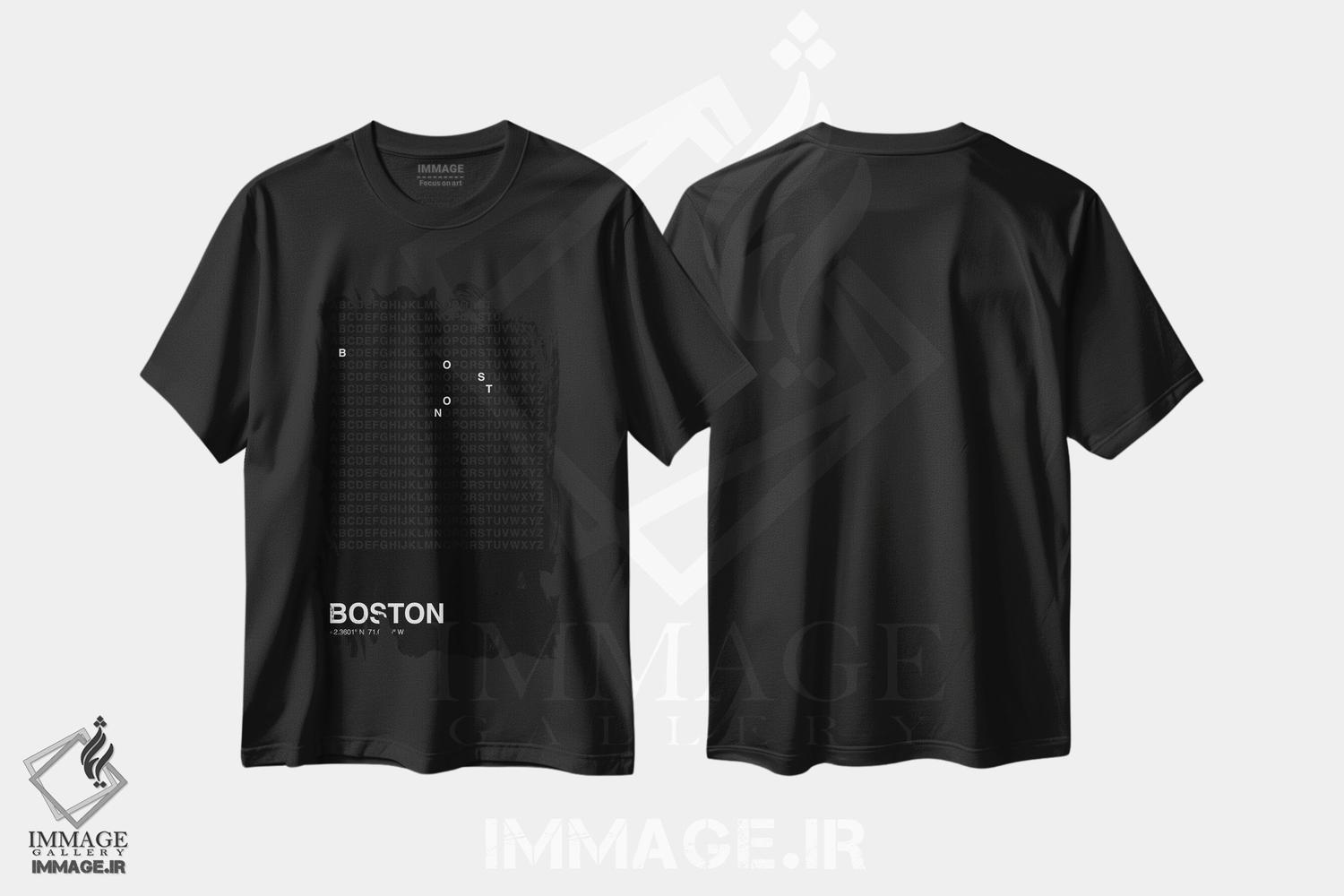تیشرت طرح دار بوستون، هنر تزئینی سیاه و سفید اثر آوی سیکس | فروشگاه ایماژ