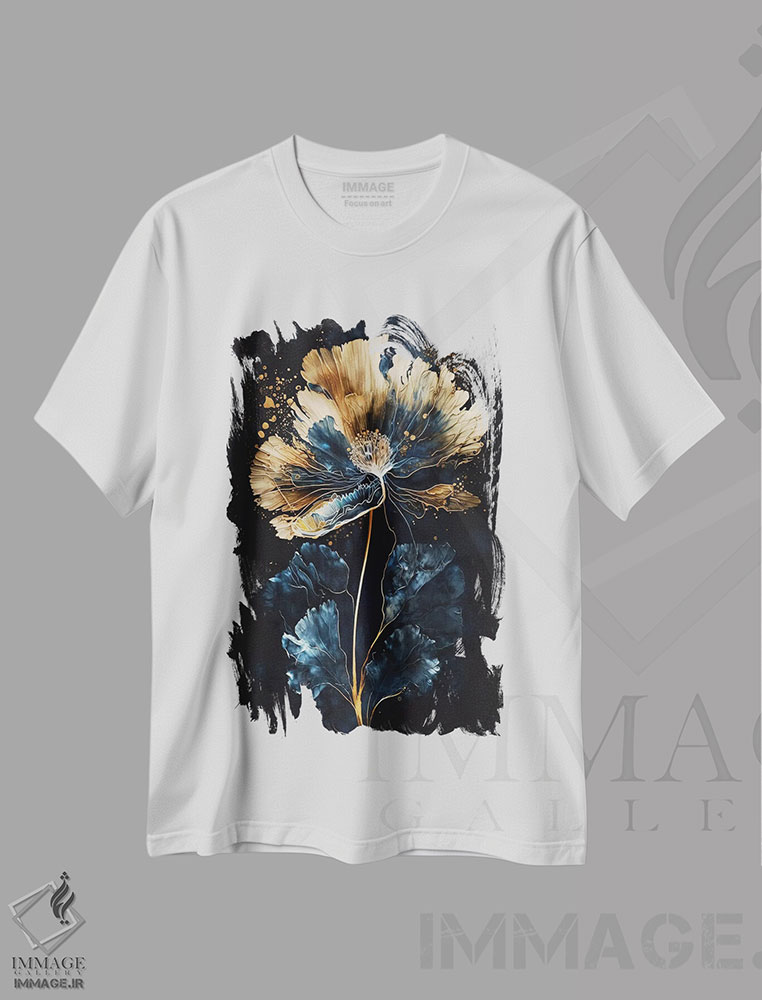 تیشرت طرح دار نقاشی گل آبی و طلایی شیک، تزئینی اثر آرسی بسی | immage.ir
