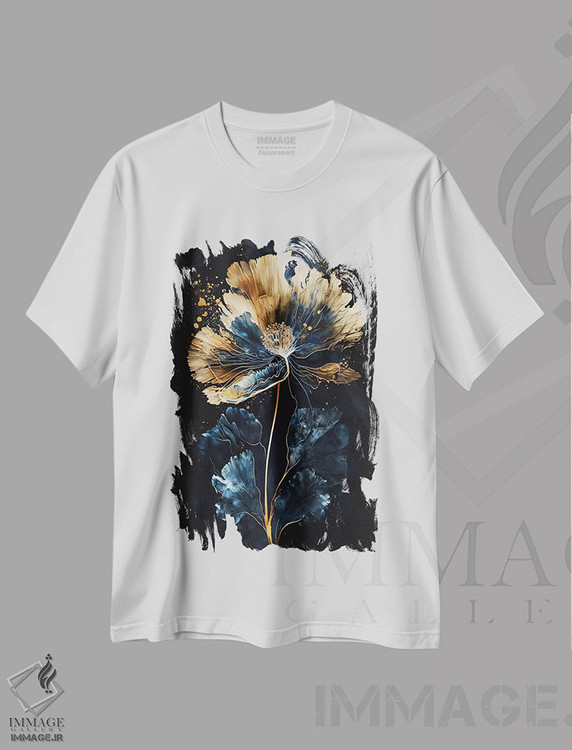 تیشرت طرح دار نقاشی گل آبی و طلایی شیک، تزئینی اثر آرسی بسی | immage.ir
