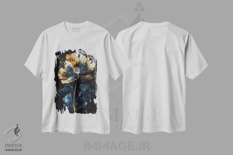 تیشرت طرح دار نقاشی گل آبی و طلایی شیک، تزئینی اثر آرسی بسی | immage.ir