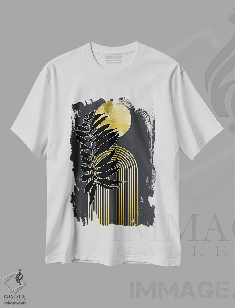 تیشرت طرح دار گیاهی هندسی طلایی و مشکی، تزئینی اثر آرسی بسی | immage.ir