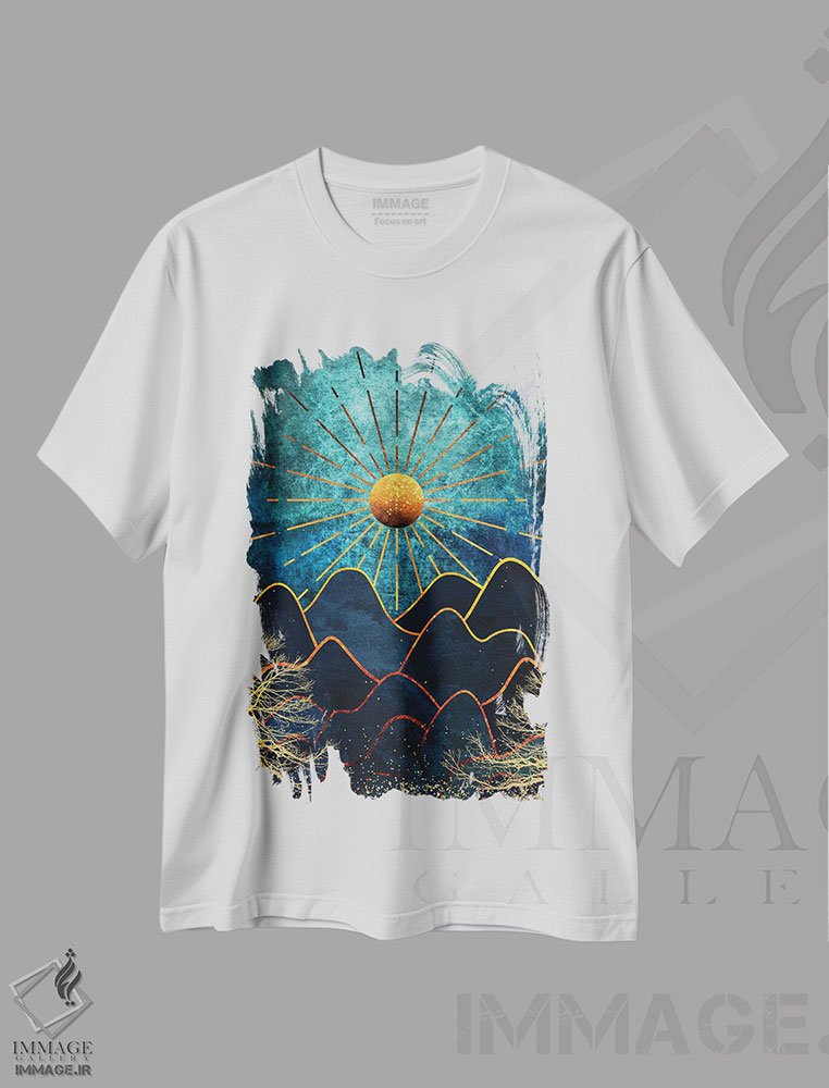 تیشرت طرح دار کوه های خیال انگیز و جنگل طلایی، آبستره اثر آرسی بسی | immage.ir