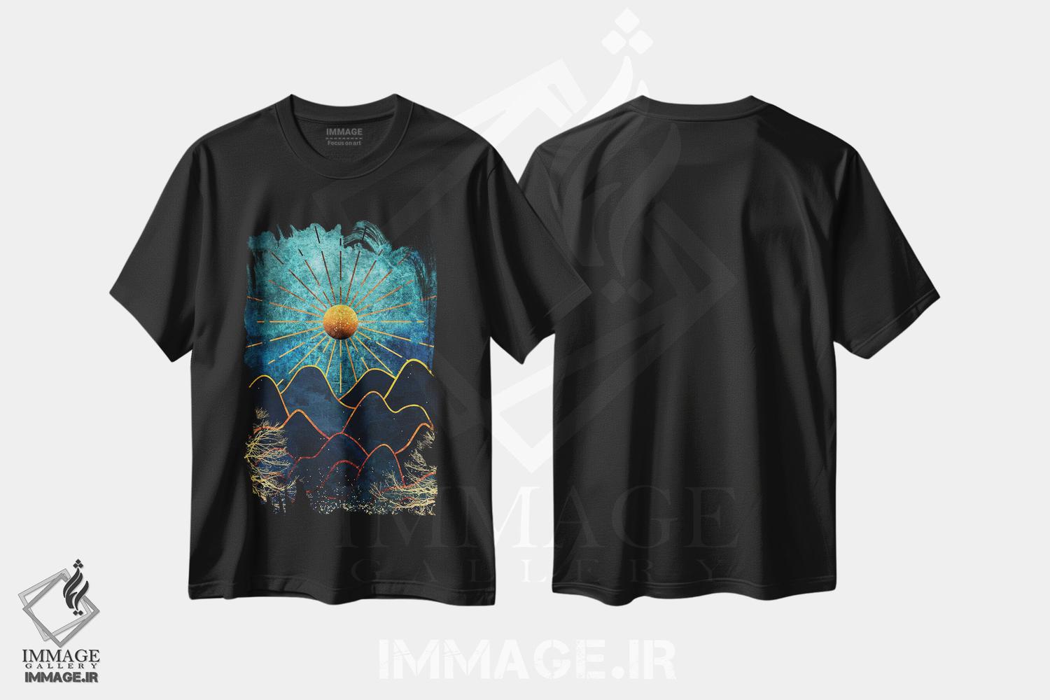 تیشرت طرح دار کوه های خیال انگیز و جنگل طلایی، آبستره اثر آرسی بسی | فروشگاه ایماژ