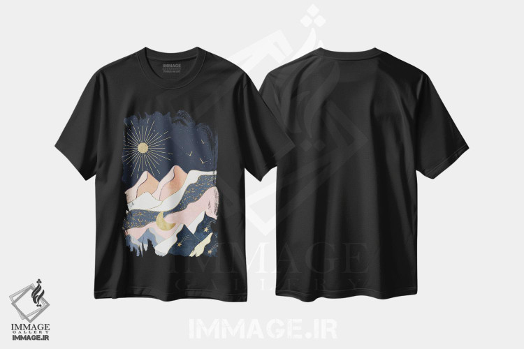 تیشرت طرح دار خورشید، ماه، ستاره ها و کوه ها، آبستره اثر آرسی بسی | فروشگاه ایماژ