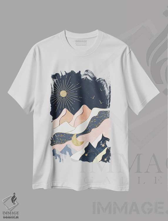 تیشرت طرح دار خورشید، ماه، ستاره ها و کوه ها، آبستره اثر آرسی بسی | immage.ir
