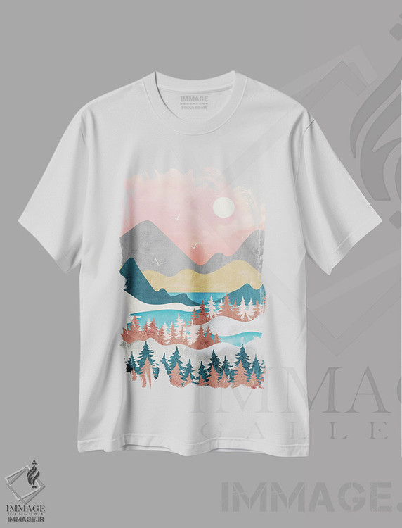 تیشرت طرح دار کوه ها، دریاچه و آرامش، تزئینی اثر آرسی بسی | immage.ir