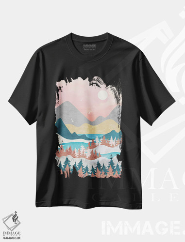 تیشرت طرح دار کوه ها، دریاچه و آرامش، تزئینی اثر آرسی بسی | فروشگاه ایماژ