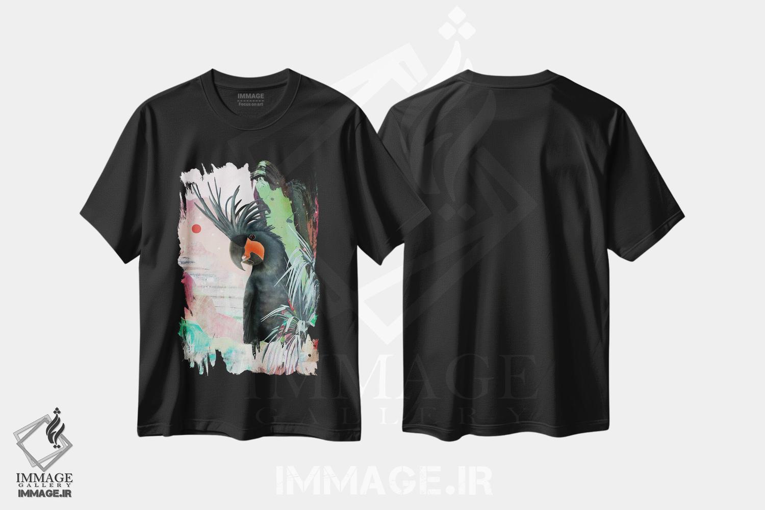 تیشرت طرح دار کاکاتوی کف دست سیاه، دکور بوهمی اثر امبر سامرست | فروشگاه ایماژ