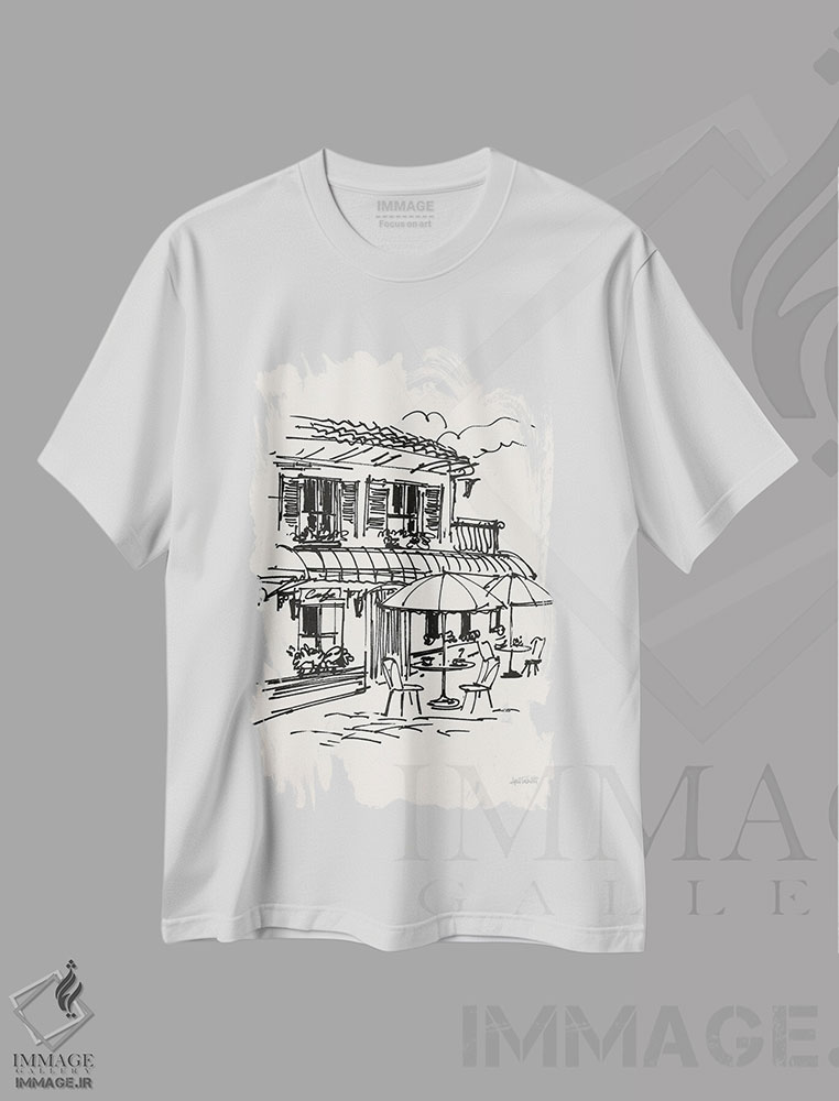 تیشرت طرح دار طرح کافه I، هنر تزئینی سیاه و سفید اثر آن تاولتی | immage.ir