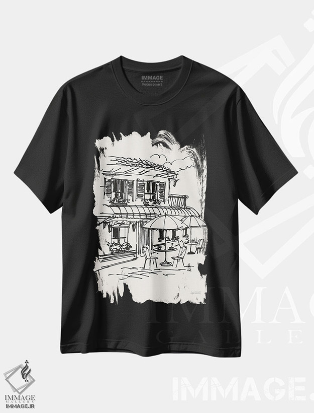 تیشرت طرح دار طرح کافه I، هنر تزئینی سیاه و سفید اثر آن تاولتی | فروشگاه ایماژ