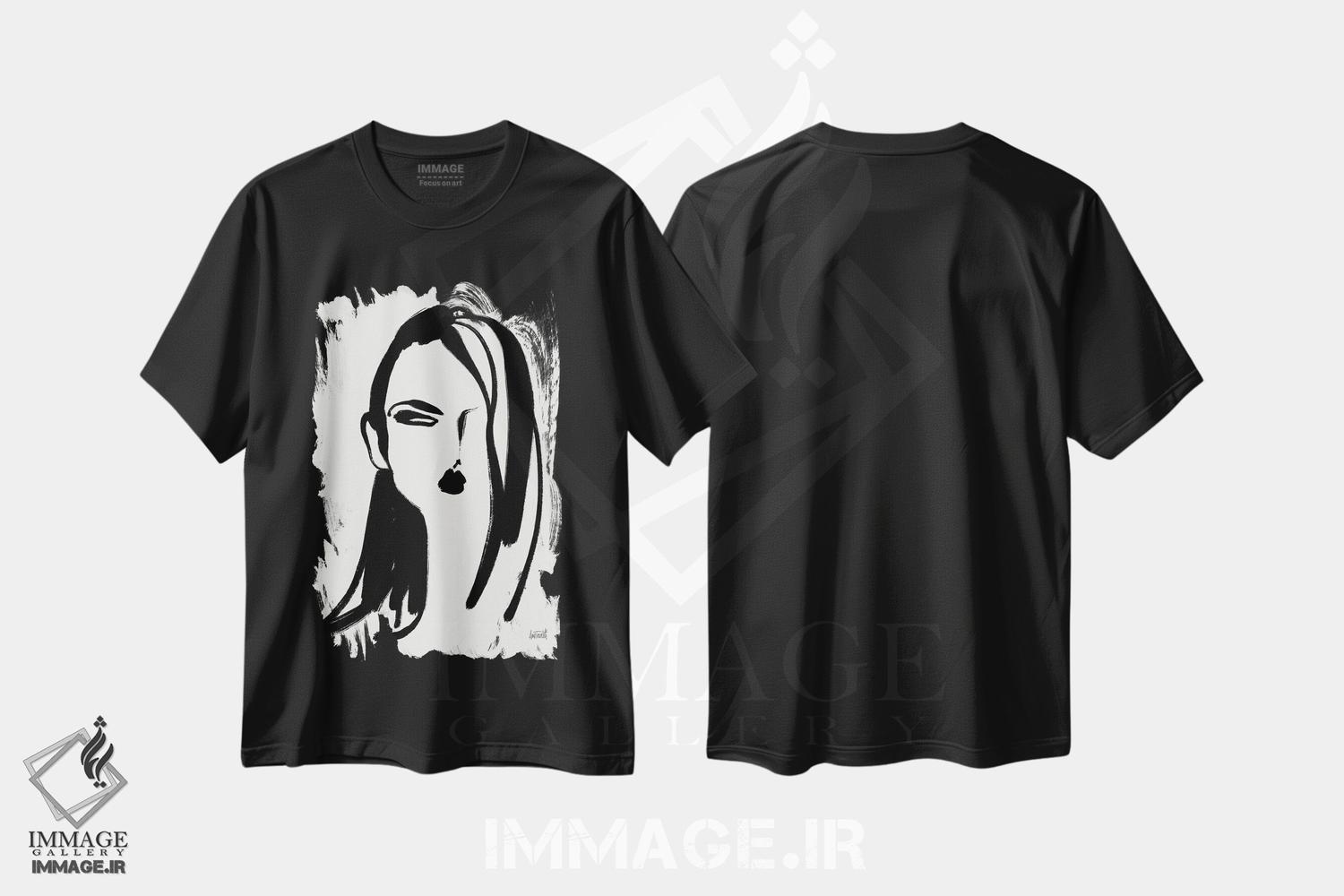 تیشرت طرح دار پرترهٔ قلم مو VI، هنر تزئینی سیاه و سفید اثر آن تاولتی | فروشگاه ایماژ