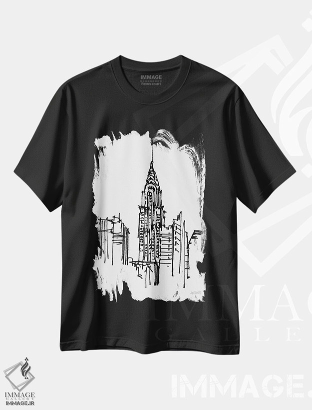 تیشرت طرح دار طرح ساختمان کرایسلر، هنر تزئینی سیاه و سفید اثر آن تاولتی | فروشگاه ایماژ