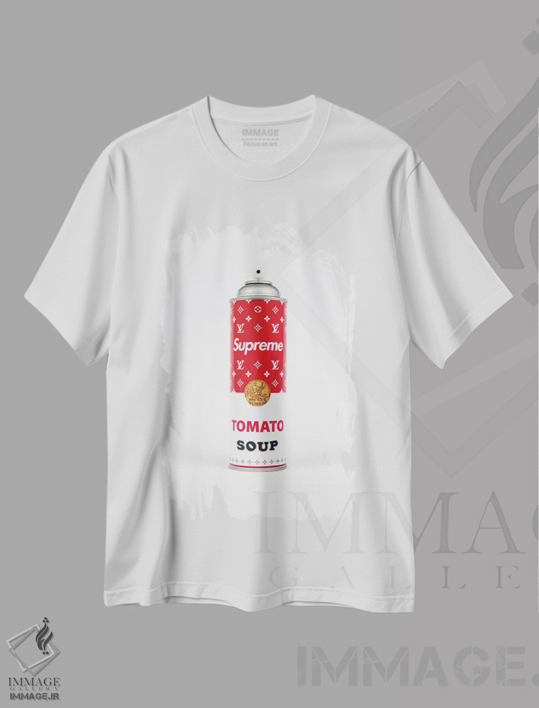 تیشرت طرح دار سوپریم لوییس ویتون، قوطی اسپری سوپ، هنر دیجیتال اثر آنتونیو براسکو | immage.ir