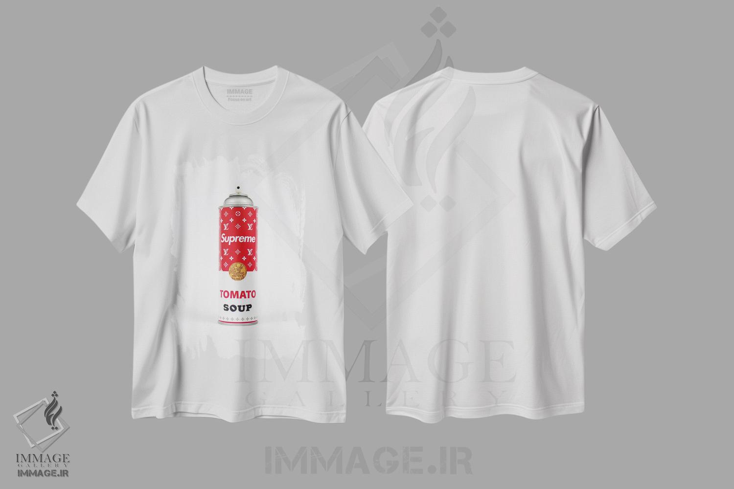 تیشرت طرح دار سوپریم لوییس ویتون، قوطی اسپری سوپ، هنر دیجیتال اثر آنتونیو براسکو | immage.ir