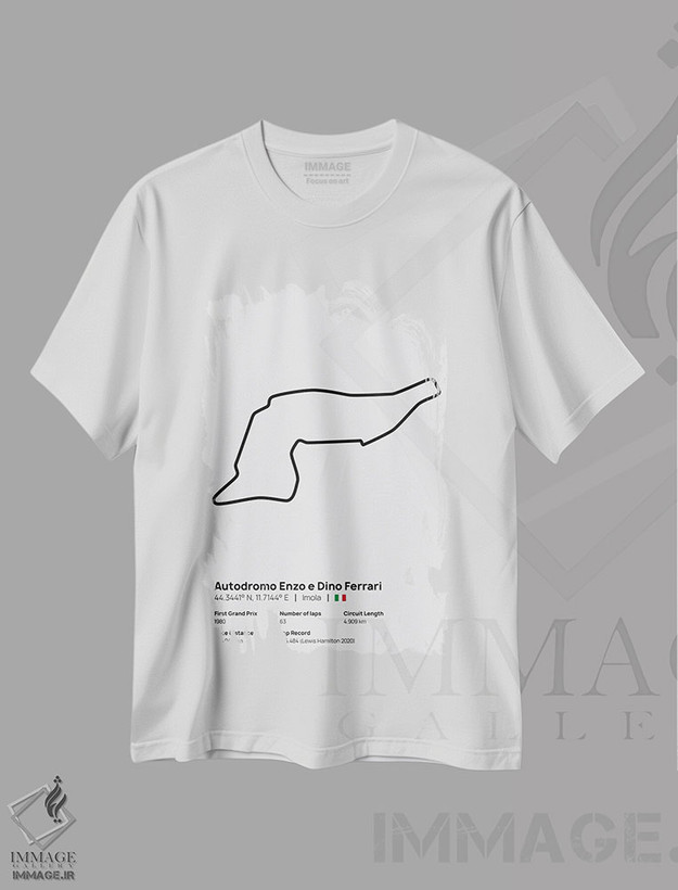 تیشرت طرح دار فرمول یک - پیست ایمولا، هنر دیجیتال سیاه و سفید اثر آوی سیکس | فروشگاه ایماژ