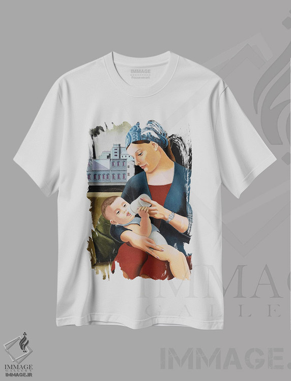 تیشرت طرح دار مادر مقدس شیرده به کودک، هنر فاخر معاصر اثر آندریا واندونی | immage.ir