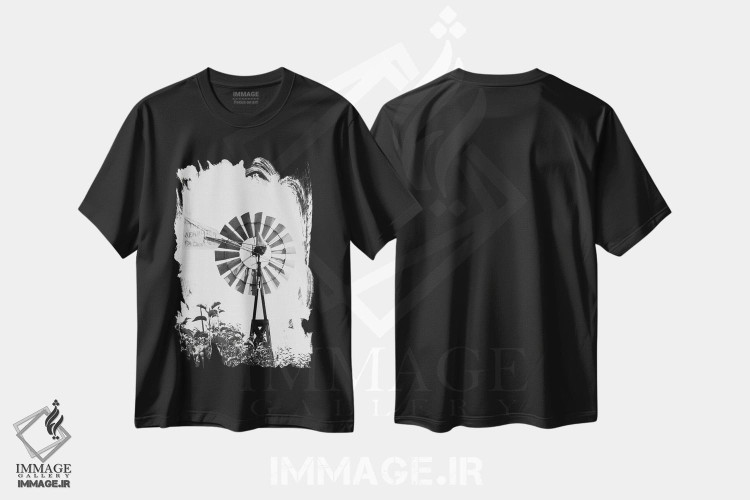 تیشرت طرح دار آسیاب بادی I، هنر تزئینی سیاه و سفید اثر امیلی وینتیج کو | فروشگاه ایماژ