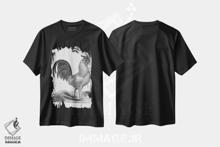 تیشرت طرح دار خروس قدیمی، هنر تزئینی سیاه و سفید اثر امیلی وینتیج کو | فروشگاه ایماژ