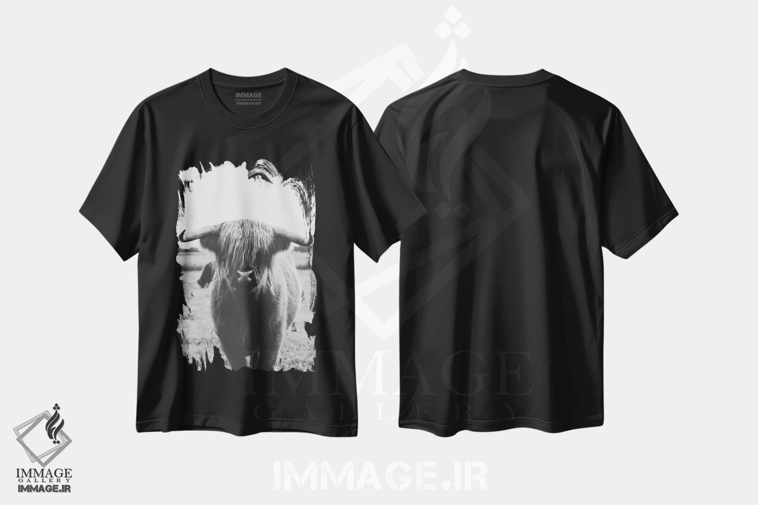 تیشرت طرح دار گاو کوهستانی، هنر تزئینی سیاه و سفید اثر امیلی وینتیج کو | immage.ir