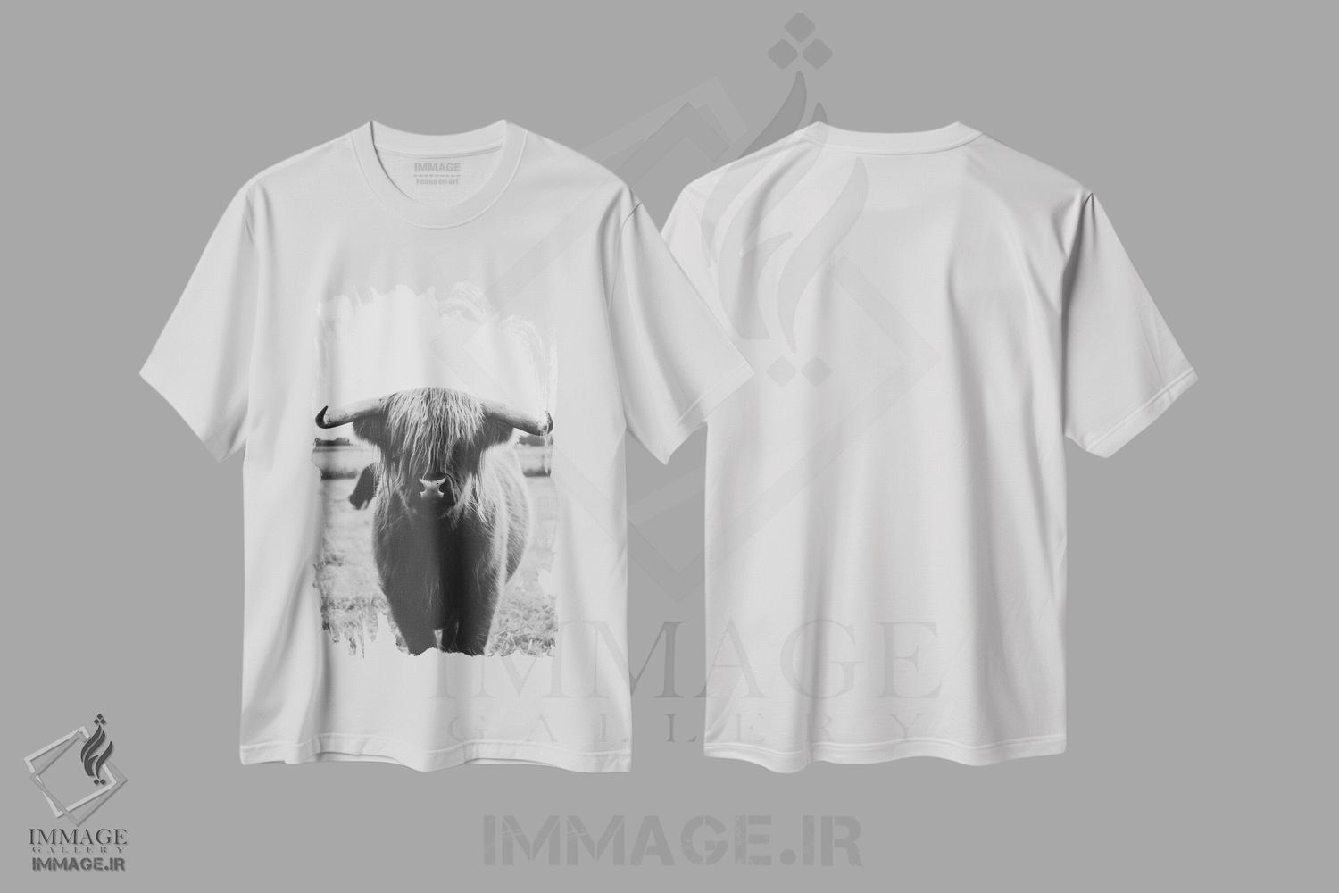 تیشرت طرح دار گاو کوهستانی، هنر تزئینی سیاه و سفید اثر امیلی وینتیج کو | فروشگاه ایماژ