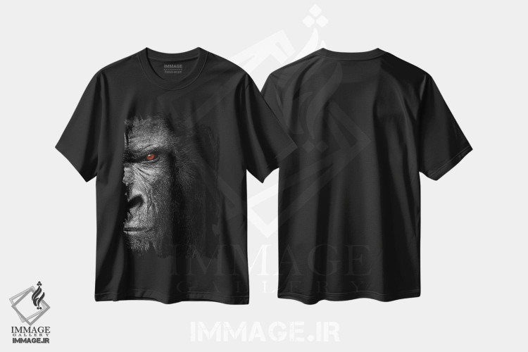 تیشرت طرح دار سر گوریل روی پس زمینه سیاه، عکاسی با رنگ های درخشان اثر آدریان ویریو | فروشگاه ایماژ