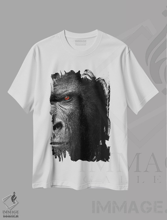 تیشرت طرح دار سر گوریل روی پس زمینه سیاه، عکاسی با رنگ های درخشان اثر آدریان ویریو | immage.ir