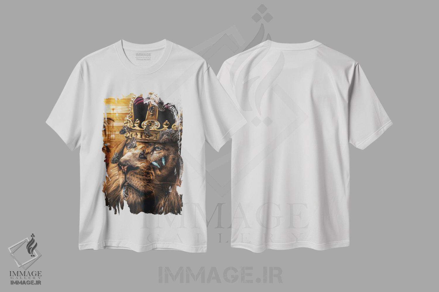 تیشرت طرح دار شیر پادشاه با تاج طلایی و پروانه ها، مدیوم اثر آدریان ویریو | فروشگاه ایماژ