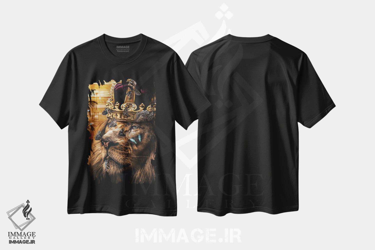 تیشرت طرح دار شیر پادشاه با تاج طلایی و پروانه ها، مدیوم اثر آدریان ویریو | immage.ir