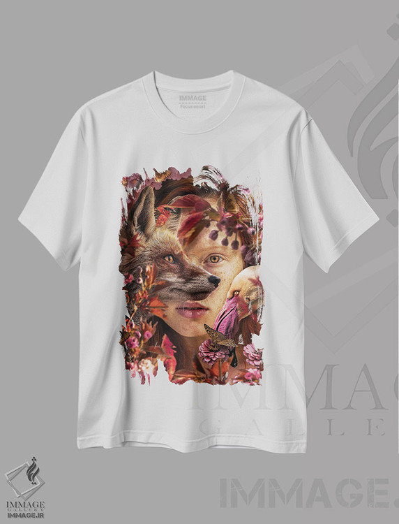 تیشرت طرح دار زن در میان گل ها با روباه، عکاسی ترکیبی اثر آدریان ویریو | فروشگاه ایماژ
