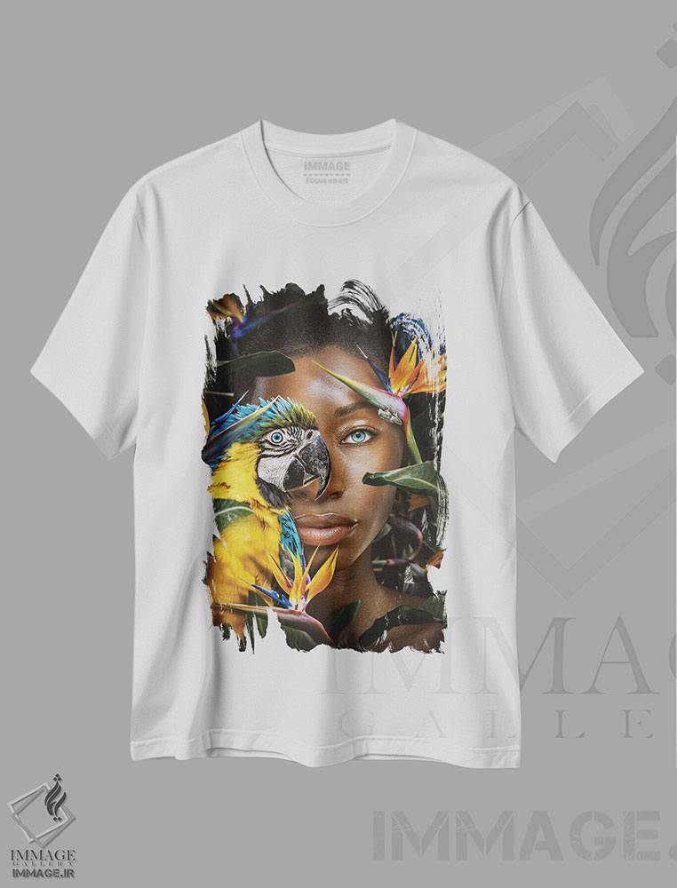 تیشرت طرح دار زن در میان گل ها با طوطی، عکاسی ترکیبی اثر آدریان ویریو | immage.ir
