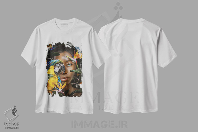 تیشرت طرح دار زن در میان گل ها با طوطی، عکاسی ترکیبی اثر آدریان ویریو | immage.ir