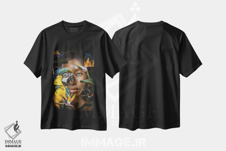 تیشرت طرح دار زن در میان گل ها با طوطی، عکاسی ترکیبی اثر آدریان ویریو | فروشگاه ایماژ